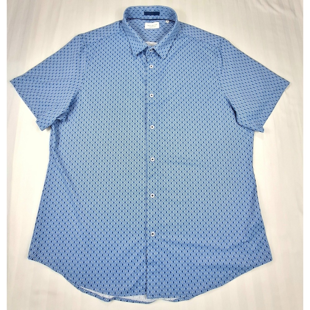 Infinity Linearflex Blue Geometric Diamond Short Sleeve Button Down Shirt Sz XL